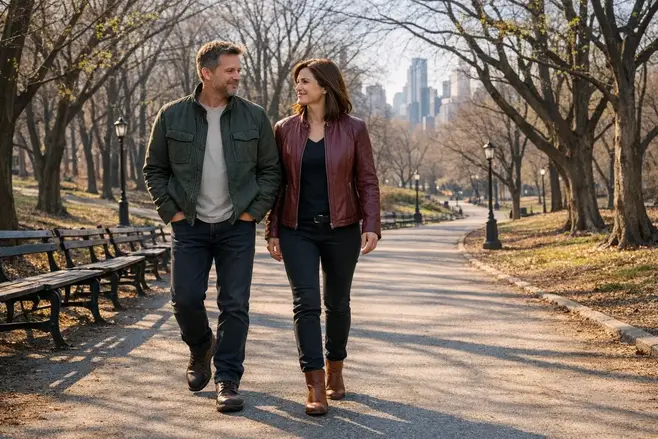 Couple walking calmly outdoors representing restored auditory balance and everyday well being